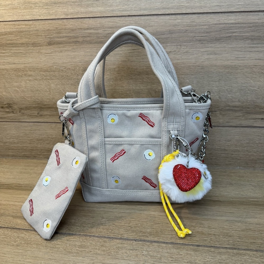 Madden Girl Taupe Bacon & Eggs Canvas Mini Tote Bag Egg Heart Charm Viral TikTok
